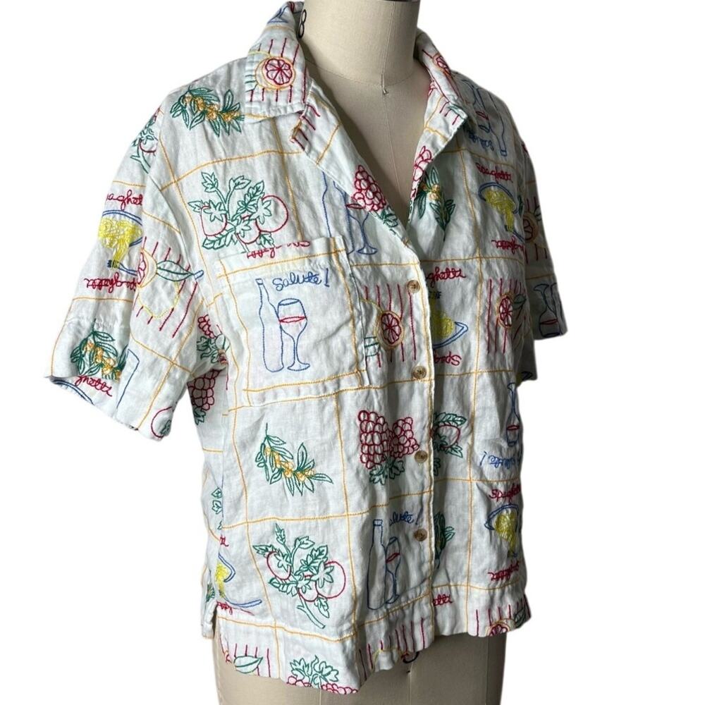 Magaschoni Linen Embroidered Italian Summer Food & Drink Shirt M Salute!